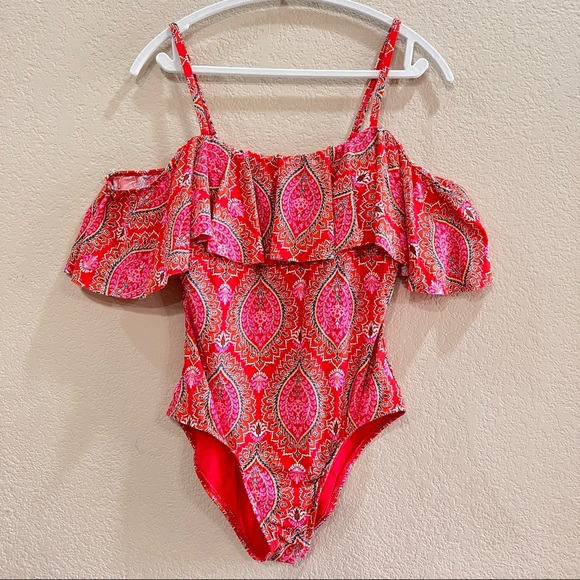 ATHENA Cold Shoulder Ruffle One-Piece Swimsuit Sz 10 Pink Red Geomatric Prints - Picture 5 of 10